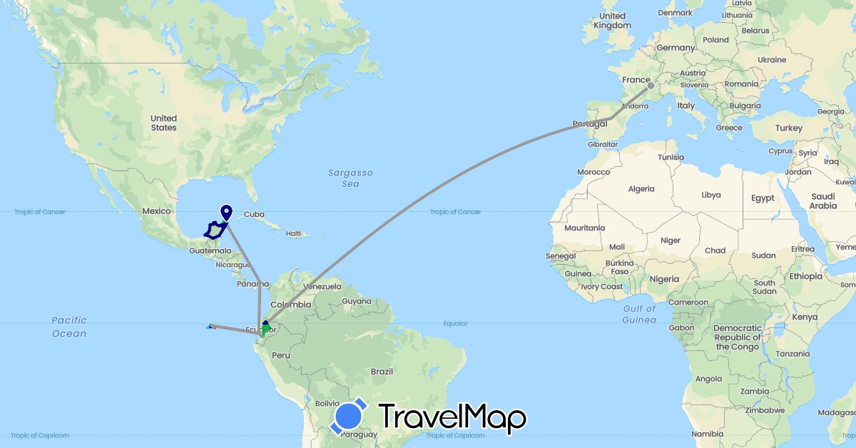 TravelMap itinerary: driving, bus, plane, hiking, boat in Ecuador, Spain, France, Mexico, Panama (Europe, North America, South America)